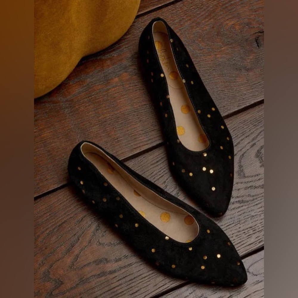 Boden Catriona Ballerina Flats Black Suede and Gold Polka Dots  sz 8